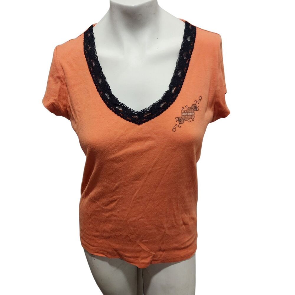 Harley Davidson Womens Lace Trim V Neck T Shirt Orange XL Mansfield OH